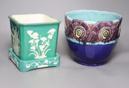 An Orchies majolica jardiniere and a Minton green glazed flower pot and stand, tallest 20cm