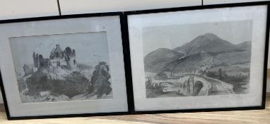 English School c.1850, two pencil and wash drawings, Study of ruins and View of town and