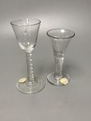 Two George II mercurial air twist stem cordial glasses, c.1750-5, with funnel and drawn trumpet
