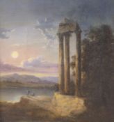 Early 19th century English School, oil on canvas, Moonlit landscape with ruins, 22 x 20cm
