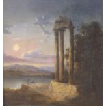Early 19th century English School, oil on canvas, Moonlit landscape with ruins, 22 x 20cm