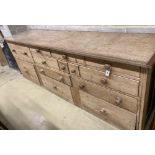 A Victorian pine haberdashery counter, length 232cm, depth 58cm, height 85cm