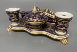 A Derby porcelain blue and gilt decorated inkstand, width 21cm