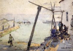 Andrew Archer Gamley (1869-1949), watercolour, Fishermen on the quay, signed, 27 x 37cm