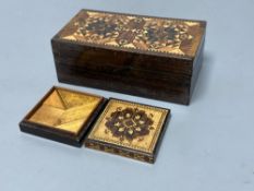 A Tunbridge ware mosaic lidded tangram puzzle and a half square mosaic box with inner tray, mid 19th