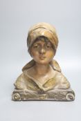 An Art Nouveau plaster bust of a peasant girl in headscarf, numbered 139, height 33cm