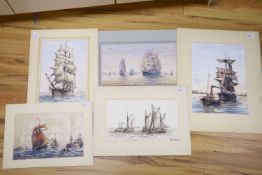 Max Parsons A.R.C.A. (1915-1998), a group of five watercolour drawings of sailing clippers and other