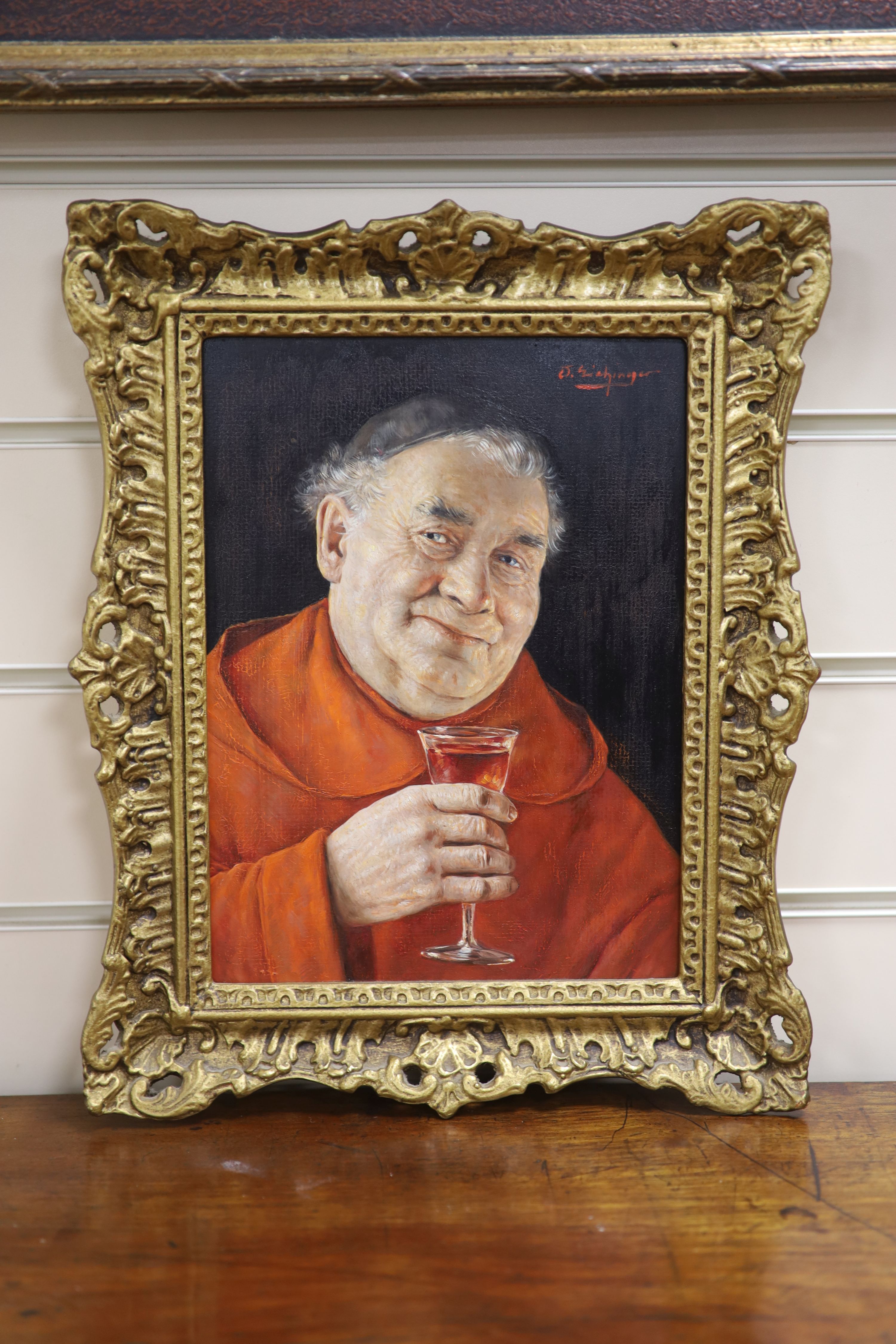Otto Eichinger (Austrian, 1922-2004), oil on board, Monk with glass of wine, signed, 26 x 19cm - Image 2 of 3