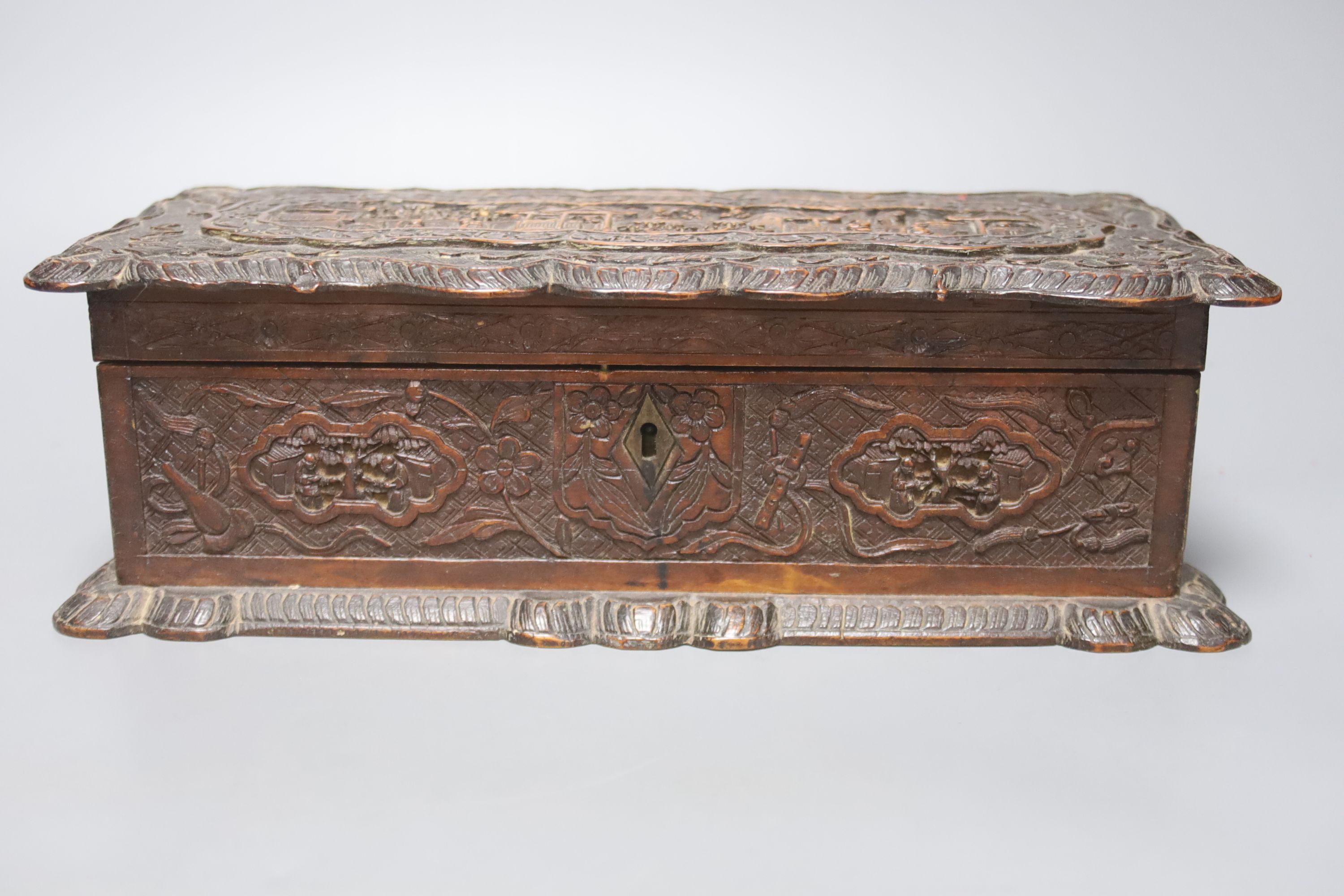 Two 19th century Chinese carved sandalwood boxes, together with a similar puzzle box, length 27cm - Image 5 of 6