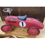 A child's vintage style painted metal sit on toy racing car, length 76cm