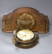 A 1920's walnut cased mantle clock, 42cm wide, 14cm deep, 22cm high and a brass bulkhead wall clock,