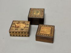Three Victorian Tunbridge ware stamp boxes, late 19th century,the first in full tesserae mosaic with