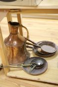 Mixed metalwares to include a large copper jug and saucepans, tallest 45cm