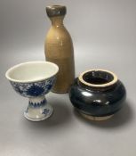 A Chinese pottery bottle, height 22cm, a cup and a vase
