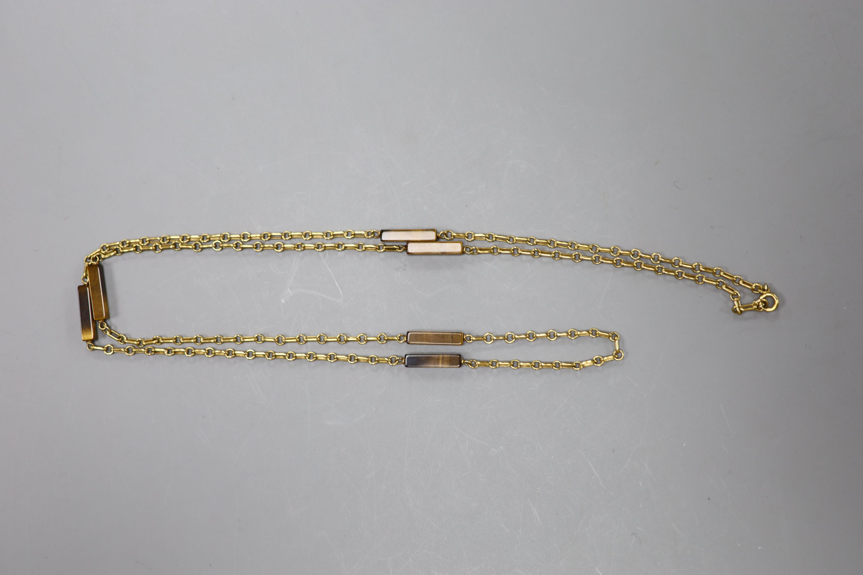 A modern 9ct gold and rectangular tiger's eye quartz baton link necklace, 79cm,gross 14 grams. - Image 2 of 2