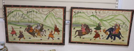 Indian School, pair of gouache on fabric, Tiger hunting scenes, 40 x 66cm, unframed