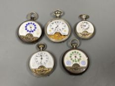 Four assorted base metal Hebdomas pocket watches and a silver Hebdomas pocket watch,largest diameter