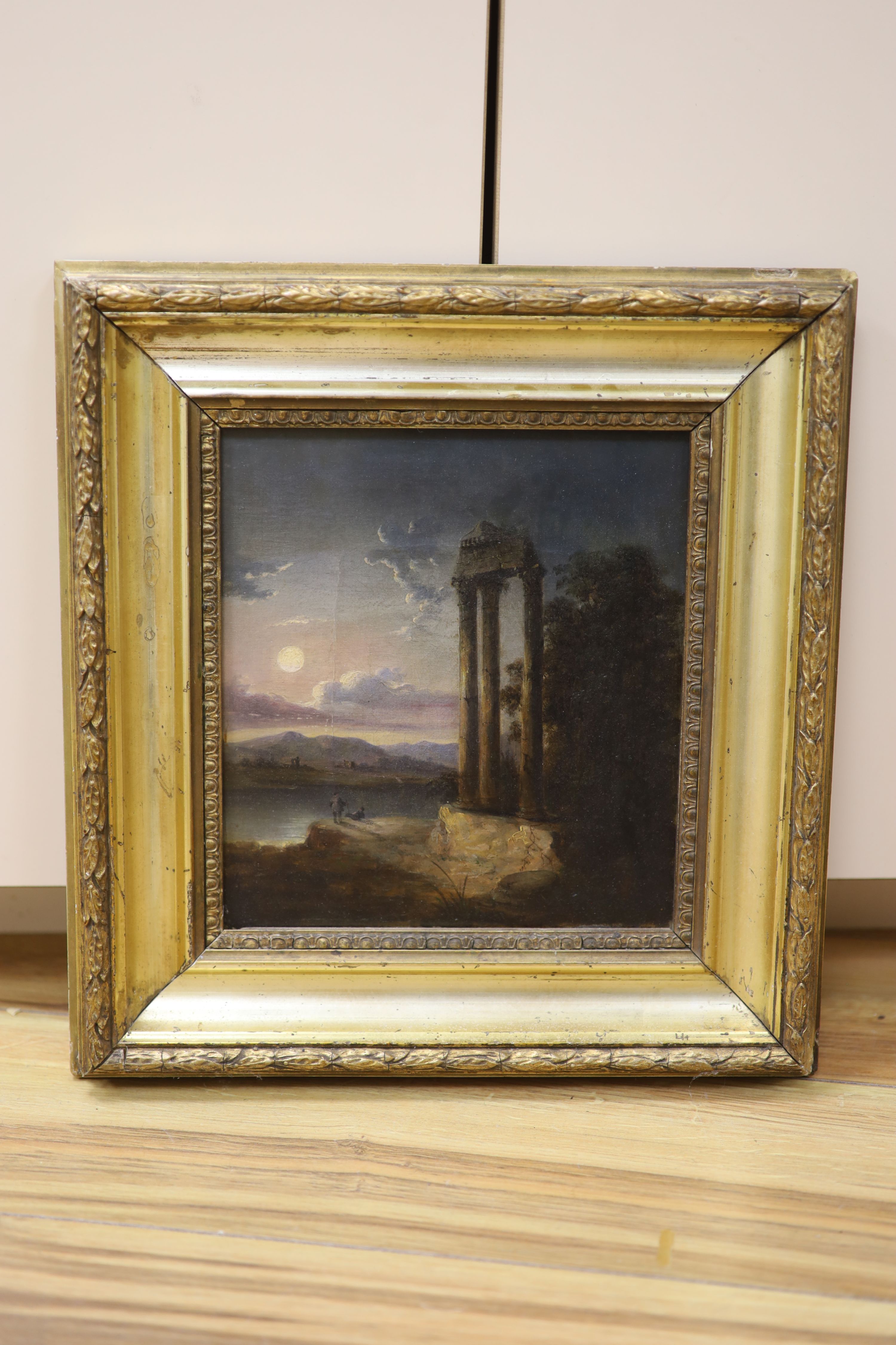 Early 19th century English School, oil on canvas, Moonlit landscape with ruins, 22 x 20cm - Image 2 of 3