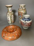 Two 19th century Chinese famille rose vases, a cover and another vase, tallest 26cm