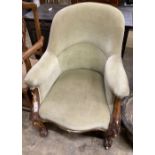 A Victorian walnut spoon back armchair, width 66cm, depth 84cm, height 84cm
