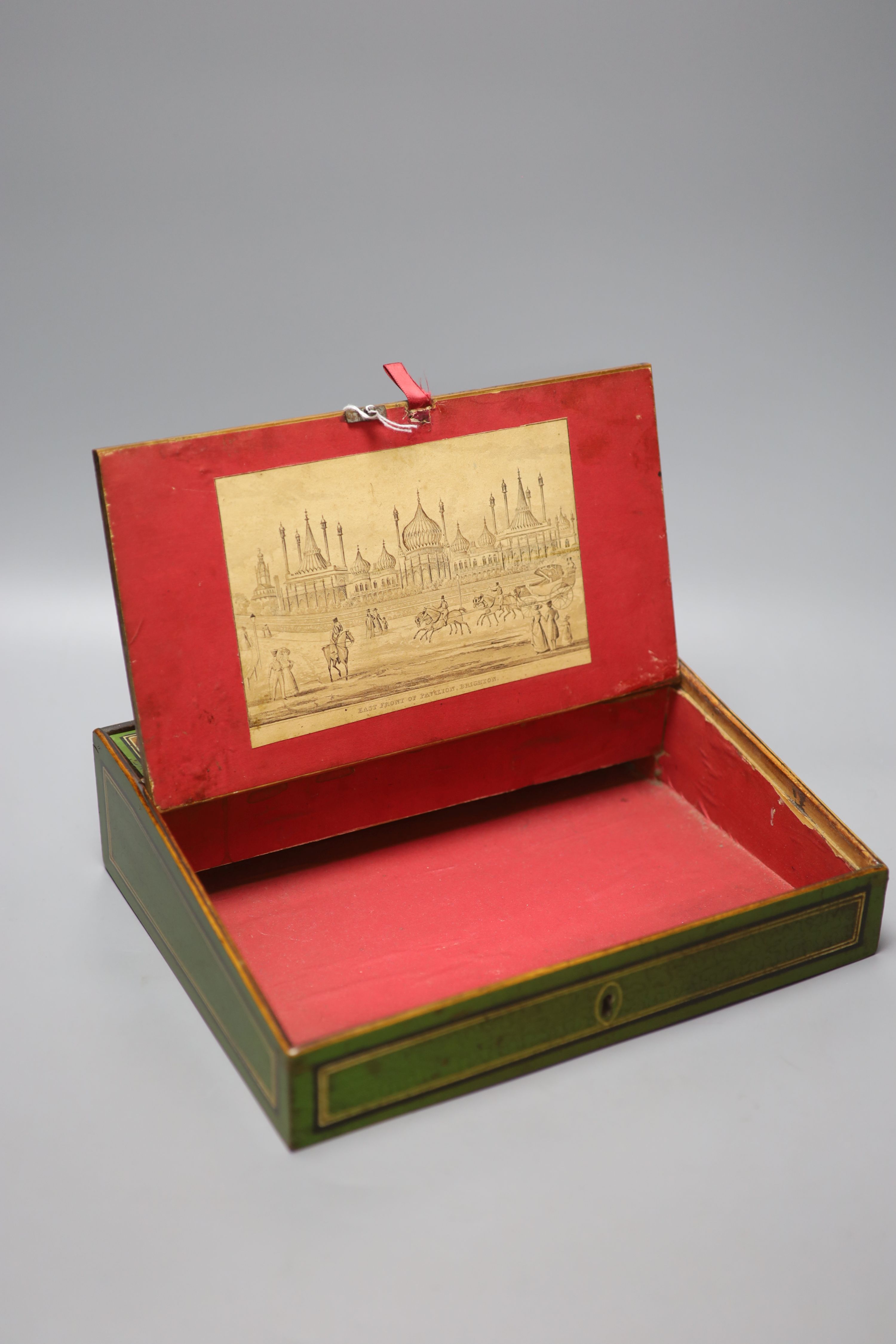 An early Tunbridge ware green japanned writing slope, 28.5cm, with views of Marine Parade, - Image 3 of 4