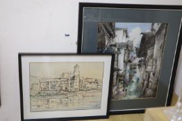 Cortasbepe, watercolour, View of Gerona, indistinctly signed, 28 x 38cm, together with an ink and