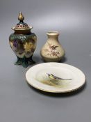 A Hadley's Worcester pot pourri vase, plate painted by Powell and Locke Worcester vase, tallest