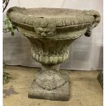 A reconstituted stone campana garden urn, width 66cm, depth 60cm, height 64cm