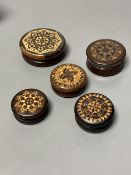 Five Tunbridge ware turned rosewood or mahogany boxes, late 19th/early 20th century, largest 5.