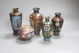 Four Japanese cloisonne vases, together with a similar jar and cover, height 19cm