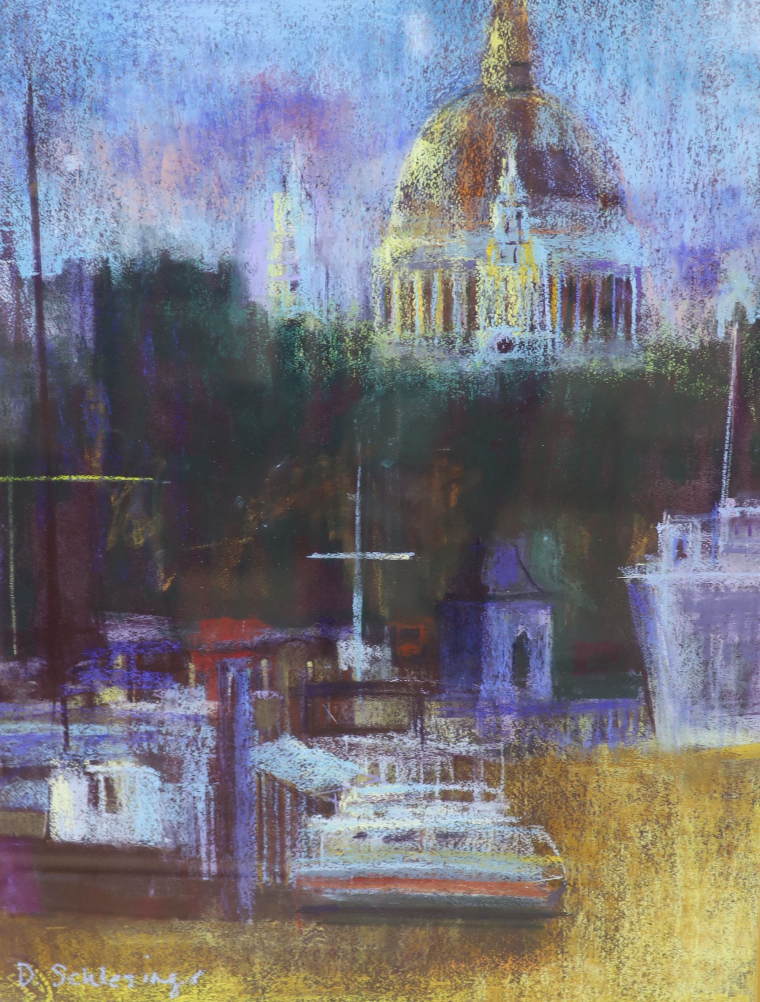 D. Schlesinger, three pastels, St Paul's from The Thames and related studies, signed, largest 57 x - Bild 4 aus 4