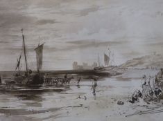 19th century English School, monochrome watercolour, Fisherfolk on the beach, 22 x 29.5cm