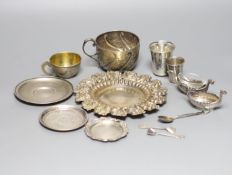 A small group of late 19th/early 20th century Russian 84 zolotnik items, including tots, cups,