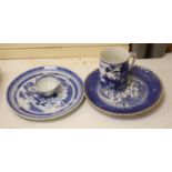 An 18th century Chinese blue and white mug and cup, a 19th century Chinese blue and white plate