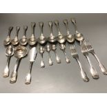 A part service of Georgian and later silver fiddle, thread and shell pattern flatware,crested,