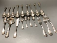 A part service of Georgian and later silver fiddle, thread and shell pattern flatware,crested,