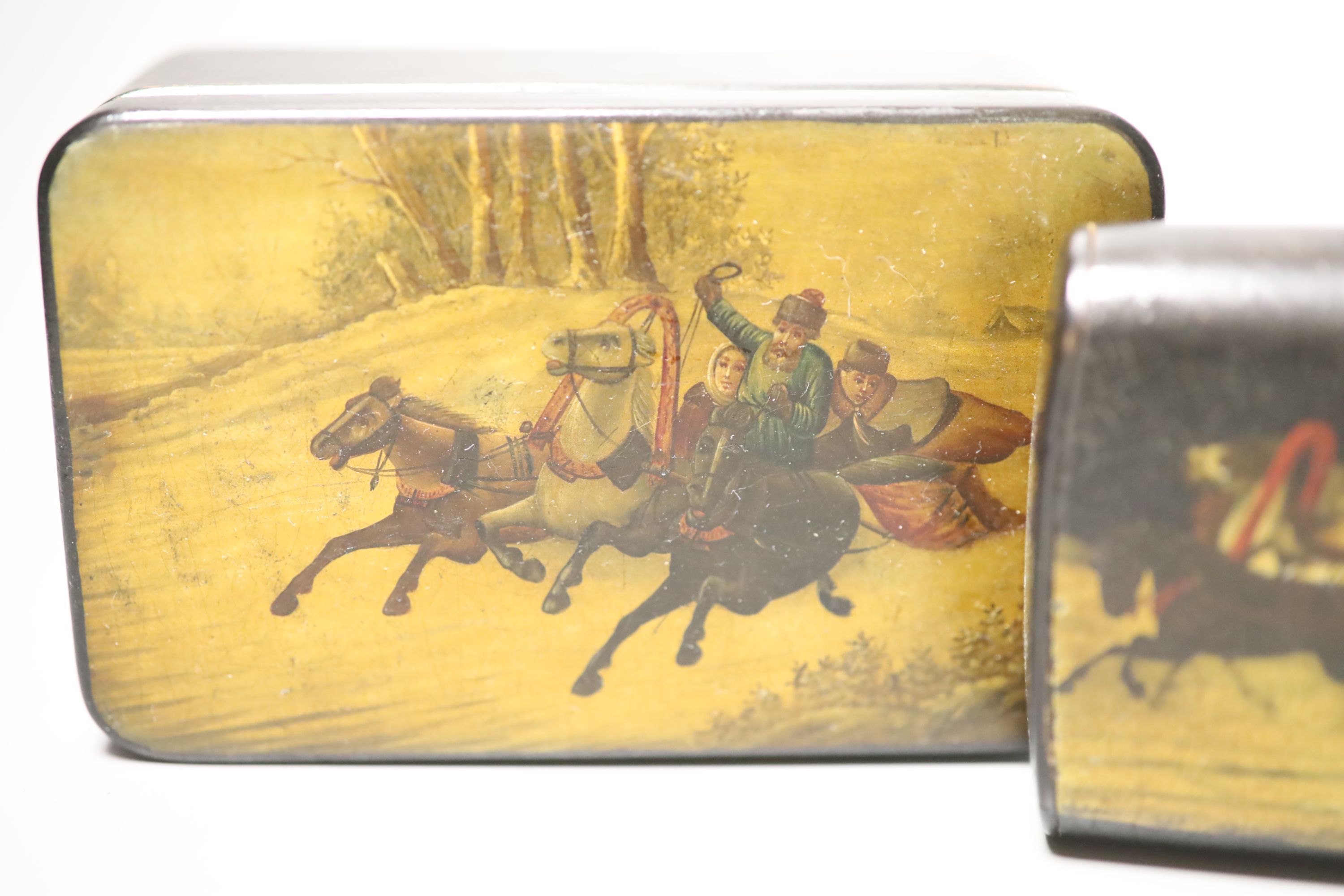 Two Russian papier mache boxes painted with troika and two related items, largest 17 x 5cm - Image 2 of 6