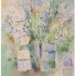 F. Millais, watercolour, Still life of flowers in vases, signed, 48 x 48cm