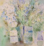 F. Millais, watercolour, Still life of flowers in vases, signed, 48 x 48cm