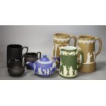A 19th century Wedgwood teapot and jug, two black basalt jugs and a mug and two drabware jugs,