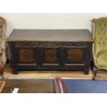 A 18th century style Cypriot carved wood panelled coffer, length 142cm, depth 51cm, height 67cm