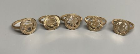 Four assorted modern 9ct gold 'Signs of the Zodiac' rings and one similar 9ct ring,11.2 grams.