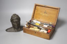A Reeves & Sons mahogany paint box and a bronze portrait bust, Dante