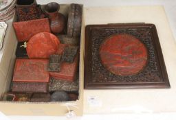 An assortment of Chinese cinnabar lacquer and other later boxes, to include a pair decorated with