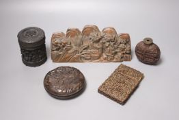Five Chinese wood carvings including a circular box and a card case, largest 23cm wide