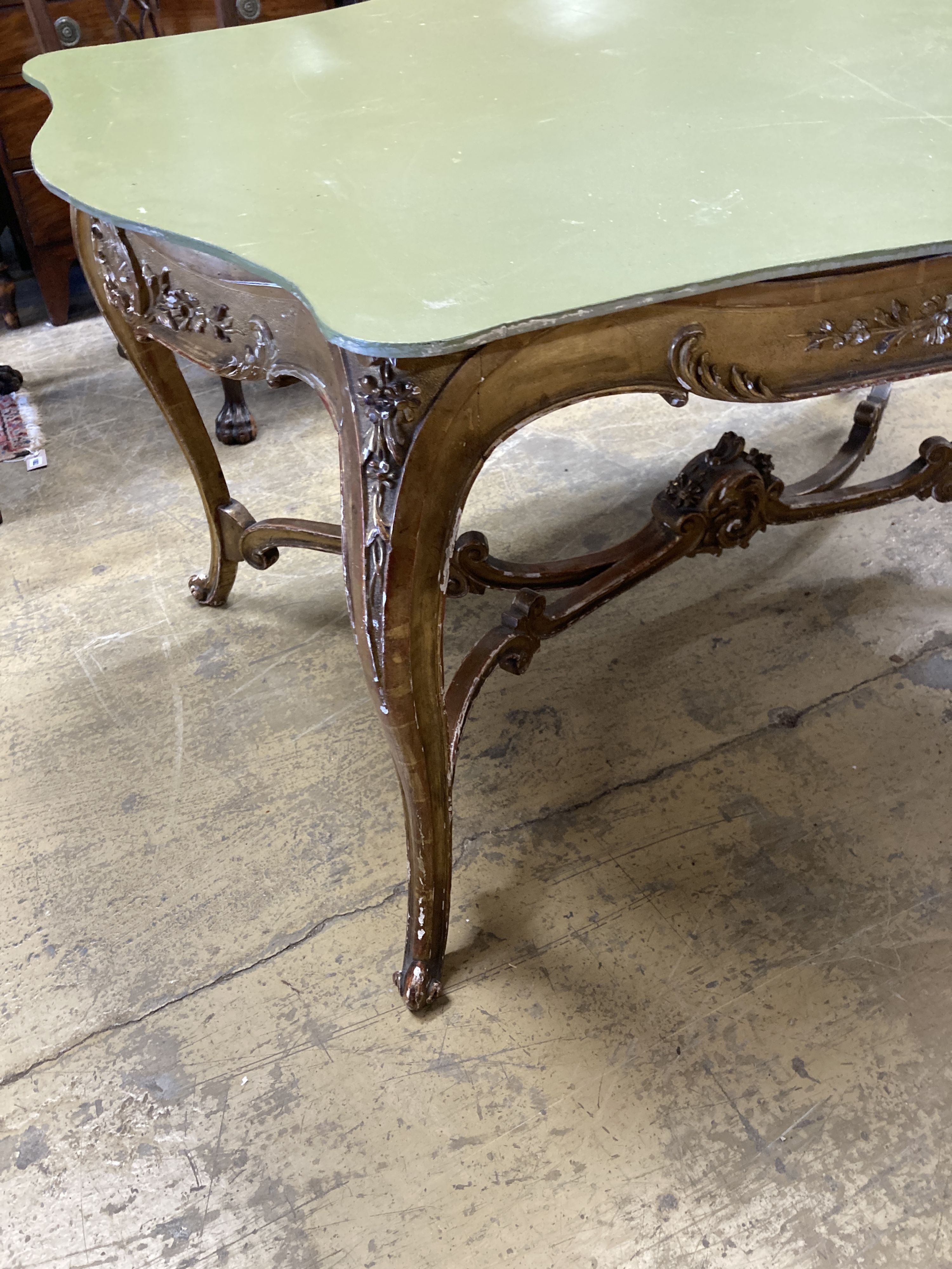 A large 19th century gilt carved wood and plaster cente table (lacking top), width 150cm, depth - Image 3 of 4