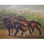 English School, oil on canvas, Naive study of three Shire horses and a groom, 64 x 80cm