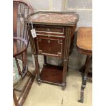 A 19th century French marble top brass inlaid bedside cabinet, width 46cm, depth 35cm, height 90cm