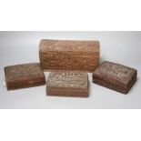 Four Chinese carved wood boxes, largest 24 x 12cm