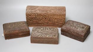 Four Chinese carved wood boxes, largest 24 x 12cm